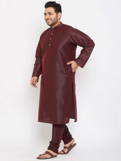 Vastramay Men's Plus Size Wine Silk Blend Kurta Pyjama Set